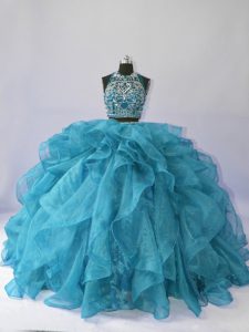 Super Teal Sleeveless Brush Train Beading and Ruffles Floor Length Quinceanera Gowns