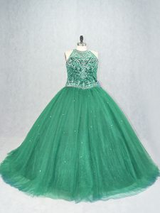 Simple Brush Train Ball Gowns Ball Gown Prom Dress Green Scoop Tulle Sleeveless Lace Up