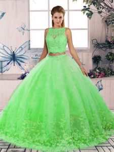 Extravagant Tulle Scalloped Sleeveless Sweep Train Backless Lace Quince Ball Gowns in Green