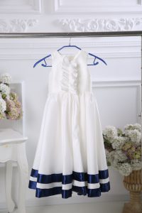Free and Easy Sleeveless Satin Tea Length Zipper Toddler Flower Girl Dress in White with Ruffles