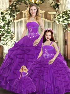 Amazing Purple Ball Gowns Tulle Strapless Sleeveless Beading and Ruffles Floor Length Lace Up Sweet 16 Quinceanera Dress
