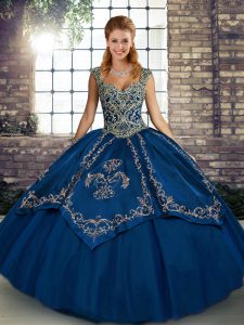 Dynamic Blue Tulle Lace Up Straps Sleeveless Floor Length Quinceanera Dress Beading and Embroidery