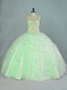 Stunning Sleeveless Organza Floor Length Lace Up Quinceanera Gown in Apple Green with Beading and Ruffles