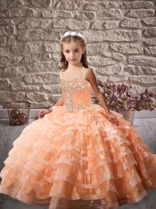 Orange Ball Gowns Organza Straps Sleeveless Beading and Ruffled Layers Lace Up Kids Formal Wear Brush Train