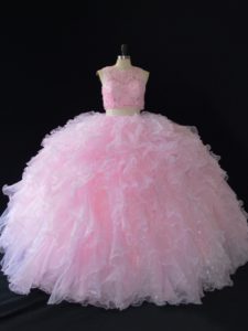 Beauteous Baby Pink Two Pieces Organza Scoop Sleeveless Beading Floor Length Zipper Quince Ball Gowns