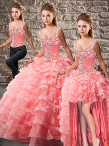 Fine Watermelon Red Sleeveless Beading and Ruffled Layers Lace Up 15 Quinceanera Dress