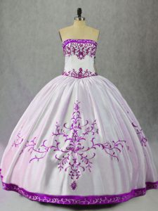 Floor Length Lace Up Ball Gown Prom Dress White And Purple for Sweet 16 and Quinceanera with Embroidery