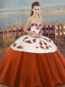 Rust Red Tulle Lace Up Sweetheart Sleeveless Floor Length Quinceanera Gown Embroidery and Bowknot