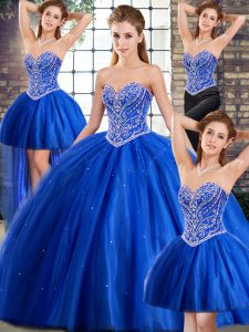 Beading Sweet 16 Quinceanera Dress Blue Lace Up Sleeveless Brush Train