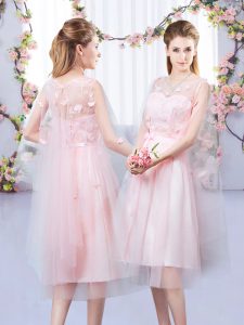 Admirable Sleeveless Tea Length Appliques and Belt Lace Up Quinceanera Dama Dress with Baby Pink