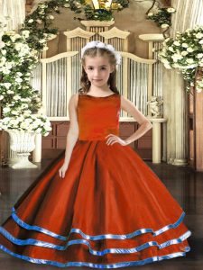 Rust Red Tulle Lace Up Little Girls Pageant Dress Wholesale Sleeveless Floor Length Ruffled Layers