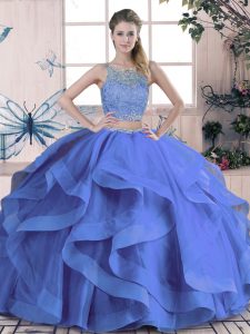 Simple Scoop Sleeveless Tulle Quinceanera Dress Beading and Ruffles Lace Up