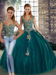 Dynamic Peacock Green Lace Up Straps Beading and Appliques Quinceanera Gowns Tulle Sleeveless