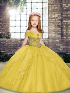 Yellow Little Girls Pageant Dress Wholesale Party and Sweet 16 and Wedding Party with Beading Straps Sleeveless Lace Up