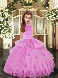 Lilac Ball Gowns High-neck Sleeveless Tulle Floor Length Backless Beading and Appliques Little Girls Pageant Dress Wholesale