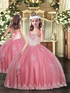 Watermelon Red Lace Up Straps Appliques Little Girl Pageant Dress Tulle Sleeveless