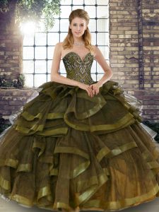Sleeveless Floor Length Beading and Ruffles Lace Up 15th Birthday Dress with Olive Green