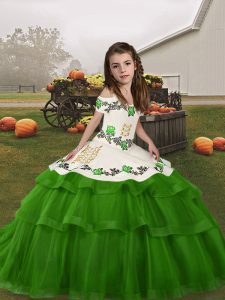 Green Kids Formal Wear Party and Quinceanera with Embroidery and Ruffled Layers Straps Sleeveless Lace Up