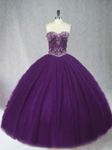 Custom Fit Purple Ball Gowns Sweetheart Sleeveless Tulle Floor Length Lace Up Beading Ball Gown Prom Dress