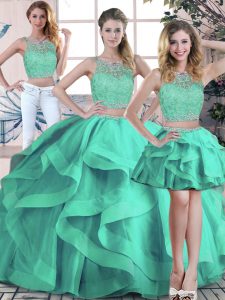 Free and Easy Turquoise Tulle Zipper Scoop Sleeveless Floor Length Sweet 16 Quinceanera Dress Beading and Ruffles