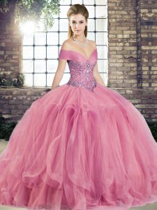 Sleeveless Tulle Floor Length Lace Up Quinceanera Gowns in Watermelon Red with Beading and Ruffles