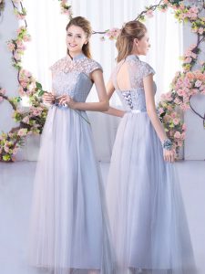 Grey Tulle Lace Up Quinceanera Court Dresses Cap Sleeves Floor Length Lace