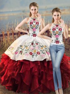 Noble Floor Length Lace Up Quinceanera Gowns White And Red for Sweet 16 and Quinceanera with Embroidery and Ruffles
