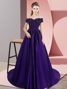 Flare Purple Satin Zipper Quinceanera Gowns Sleeveless Court Train Lace