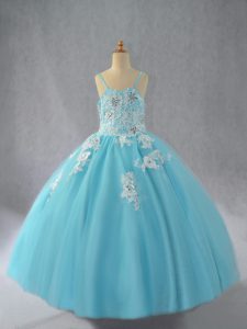 Latest Aqua Blue Lace Up Kids Pageant Dress Beading and Appliques Sleeveless Floor Length