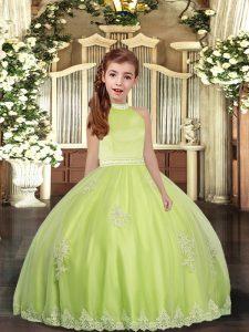 Beading and Appliques Little Girls Pageant Dress Yellow Green Backless Sleeveless Floor Length