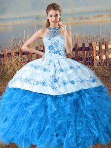 Enchanting Baby Blue Organza Lace Up Halter Top Sleeveless Quince Ball Gowns Court Train Embroidery and Ruffles
