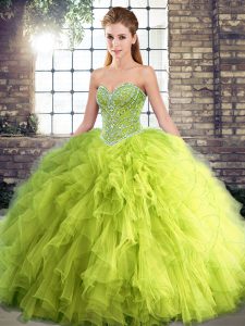 Yellow Green Tulle Lace Up Sweet 16 Dresses Sleeveless Floor Length Beading and Ruffles