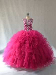 Beautiful Hot Pink Ball Gowns Tulle Scoop Sleeveless Beading Lace Up Vestidos de Quinceanera