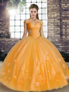 Dazzling Ball Gowns Quince Ball Gowns Orange Off The Shoulder Tulle Sleeveless Floor Length Lace Up