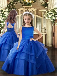 Sweet Floor Length Royal Blue Pageant Dress Wholesale Scoop Sleeveless Lace Up
