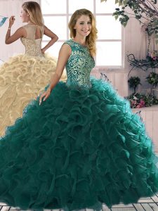 Scoop Sleeveless Organza Quinceanera Gowns Beading and Ruffles Lace Up