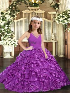 Purple Ball Gowns V-neck Sleeveless Organza Floor Length Zipper Ruffles and Ruching Pageant Dress for Womens