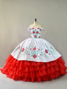 White And Red Sweet 16 Dresses Sweet 16 and Quinceanera with Embroidery and Ruffled Layers Off The Shoulder Sleeveless Court Train Lace Up