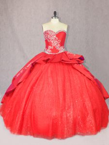 Graceful Floor Length Lace Up 15th Birthday Dress Red for Sweet 16 and Quinceanera with Embroidery Court Train