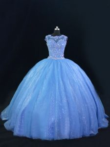 Graceful Sleeveless Beading Lace Up Quince Ball Gowns with Blue
