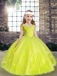 Floor Length Yellow Green Girls Pageant Dresses Tulle Sleeveless Beading and Hand Made Flower