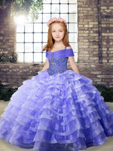 Inexpensive Lavender Lace Up Kids Pageant Dress Beading and Ruffled Layers Sleeveless Brush Train