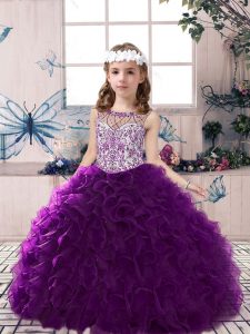 Purple Little Girls Pageant Dress Party and Military Ball and Wedding Party with Beading and Ruffles Scoop Sleeveless Lace Up
