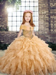 New Style Beading and Ruffles Kids Formal Wear Peach Lace Up Sleeveless Floor Length