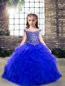 Floor Length Royal Blue Little Girl Pageant Dress Off The Shoulder Sleeveless Lace Up