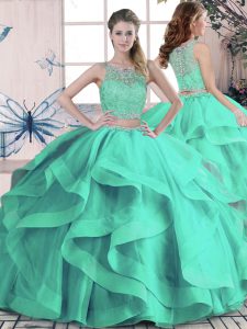 Top Selling Floor Length Turquoise Vestidos de Quinceanera Scoop Sleeveless Lace Up