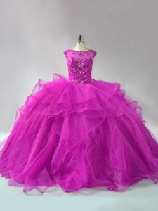Customized Fuchsia Scoop Neckline Beading and Ruffles Quinceanera Gowns Long Sleeves Lace Up