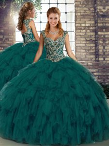 Customized Straps Sleeveless Organza Quinceanera Gown Beading and Ruffles Lace Up