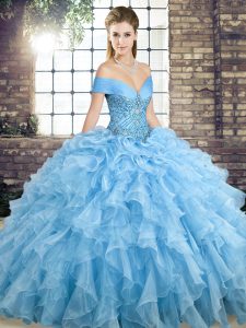 Smart Blue Lace Up Off The Shoulder Beading and Ruffles Quince Ball Gowns Organza Sleeveless Brush Train