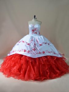 White And Red Ball Gowns Satin and Organza Sweetheart Sleeveless Embroidery Lace Up Sweet 16 Quinceanera Dress Court Train